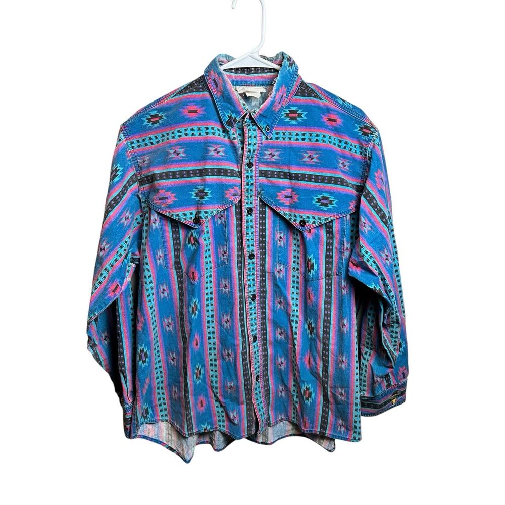 Vintage 90s Distressed Aztec Western Button Up Shirt Cowboy Embroidered XL - Picture 1 of 8